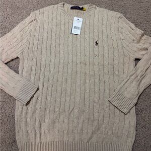 Ralph Lauren Men's Cream/Tan Cable Knit Crewneck Sweater